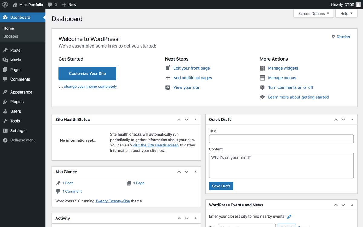Explore the WordPress admin panel also known as the Dashboard