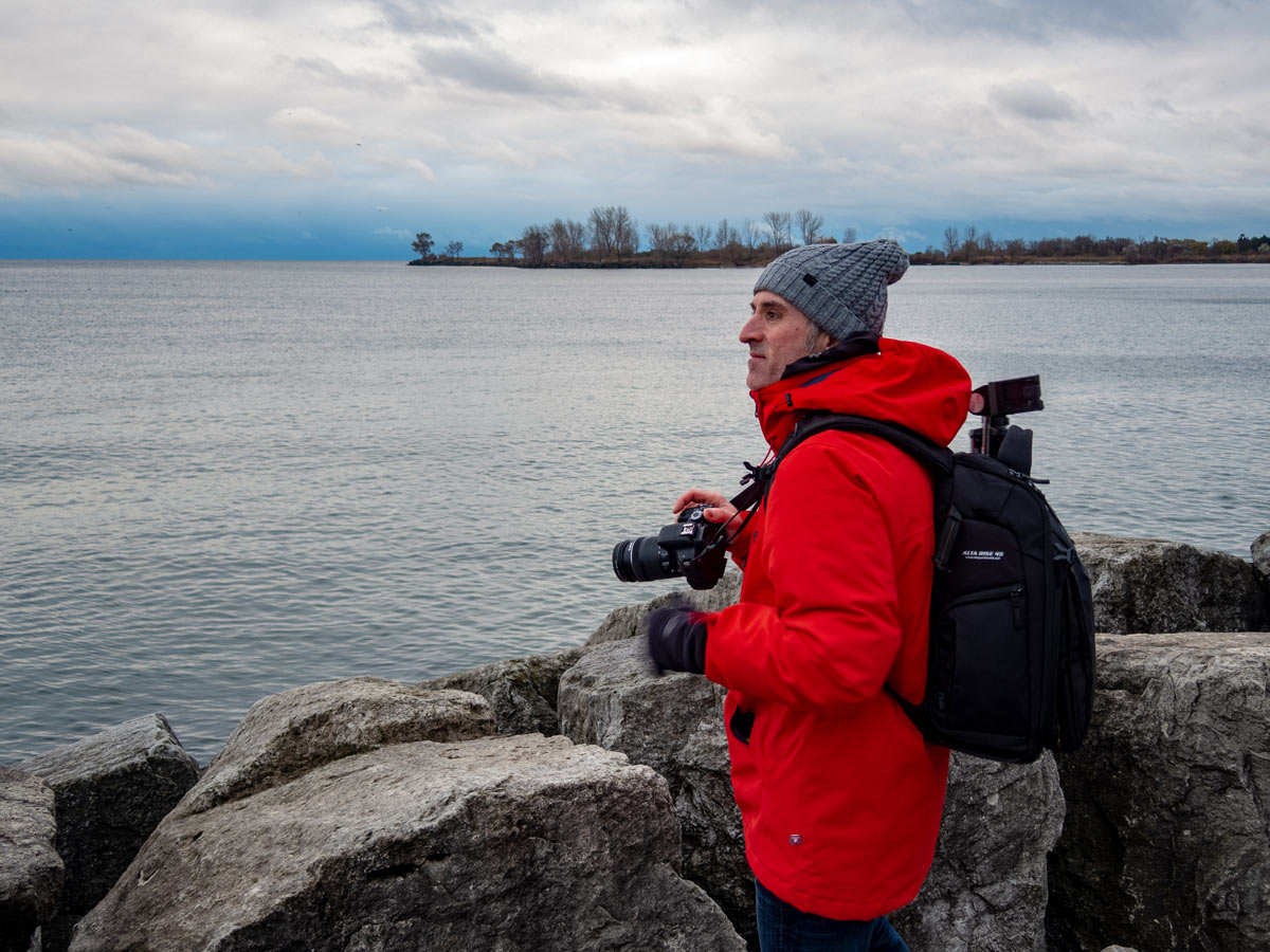 The author Scott Harrald shooting at the Humber Bay in Toronto. Photo by @mikesimpson.ms