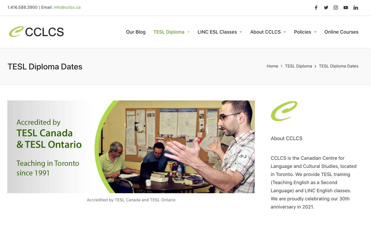 Education client website for CCLCS Toronto