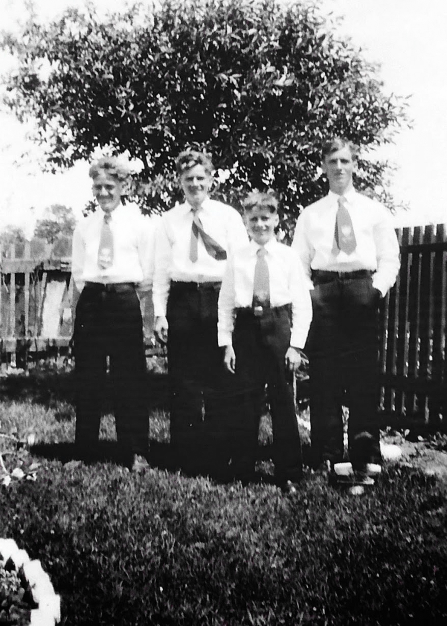 Boys outside black and white before colourization